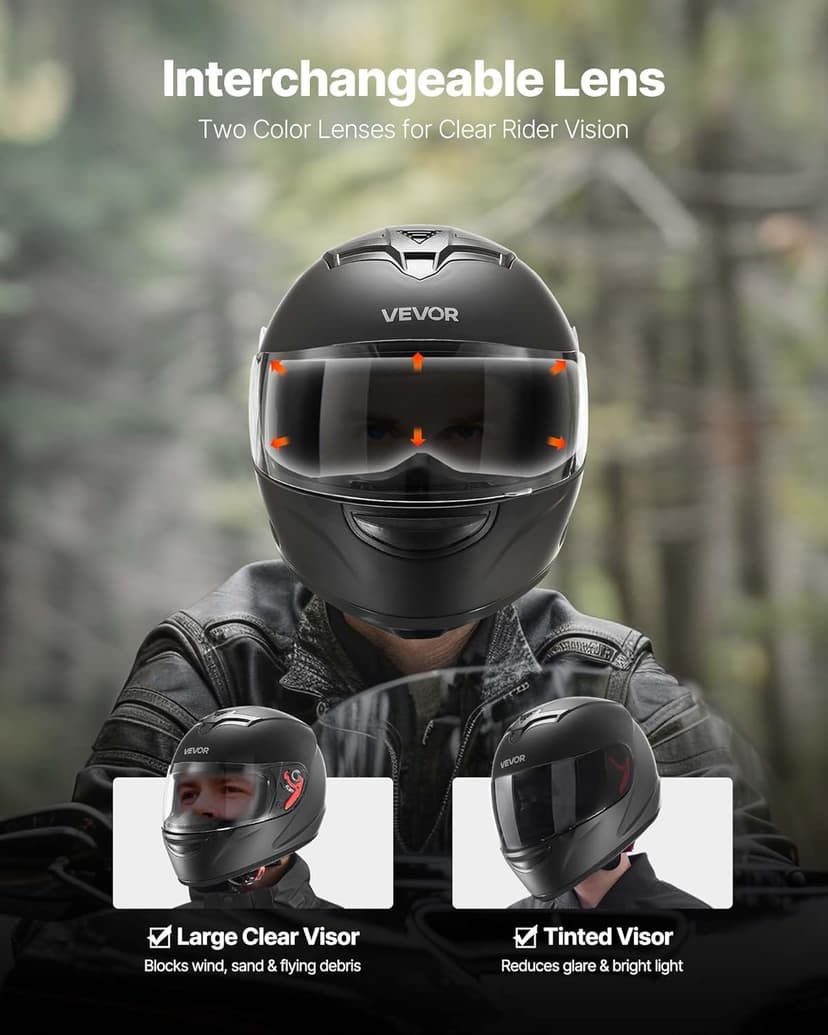 VEVOR Full Face Motorcycle Helmet DOT Approved, Dual Visor & Interchangeable Lens, Smart Street ABS Helmet Comfortable Motocross Helmet, Fit for Youth & Adults