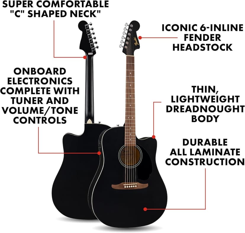 Fender California Debut Redondo CE Series Acoustic Guitar, Beginner Guitar, 2-Year Warranty, Includes Built-In Tuner, Black