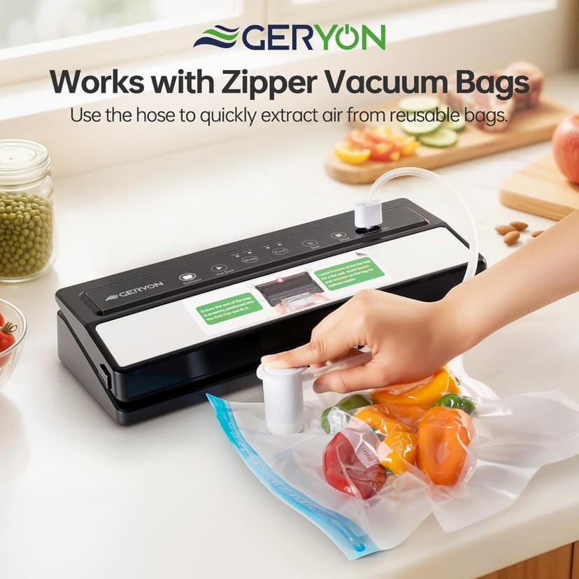 GERYON Vacuum Sealer Machine – Automatic Food Vacuum Sealer for Dry & Moist Food, Compact with LED Touch Panel, Includes Zipper Bags & Roll, Perfect for Sous Vide & Freezer Storage (Silver)