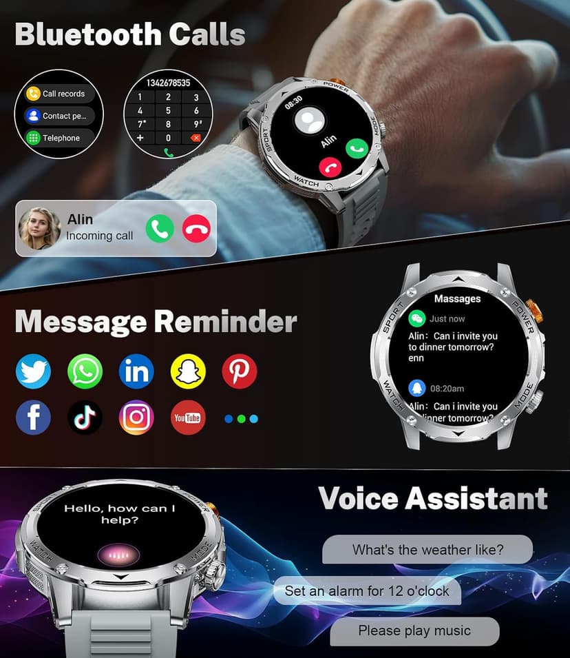 Military Smart Watch for Men 1000 mAh Battery/3 Bands/Flashlight,1.75'' HD Display Smart Watch with Call,IP68 Waterproof Fitness Tracker with Heart Rate,Sleep Monitor,100+ Sport Modes,for iOS Android