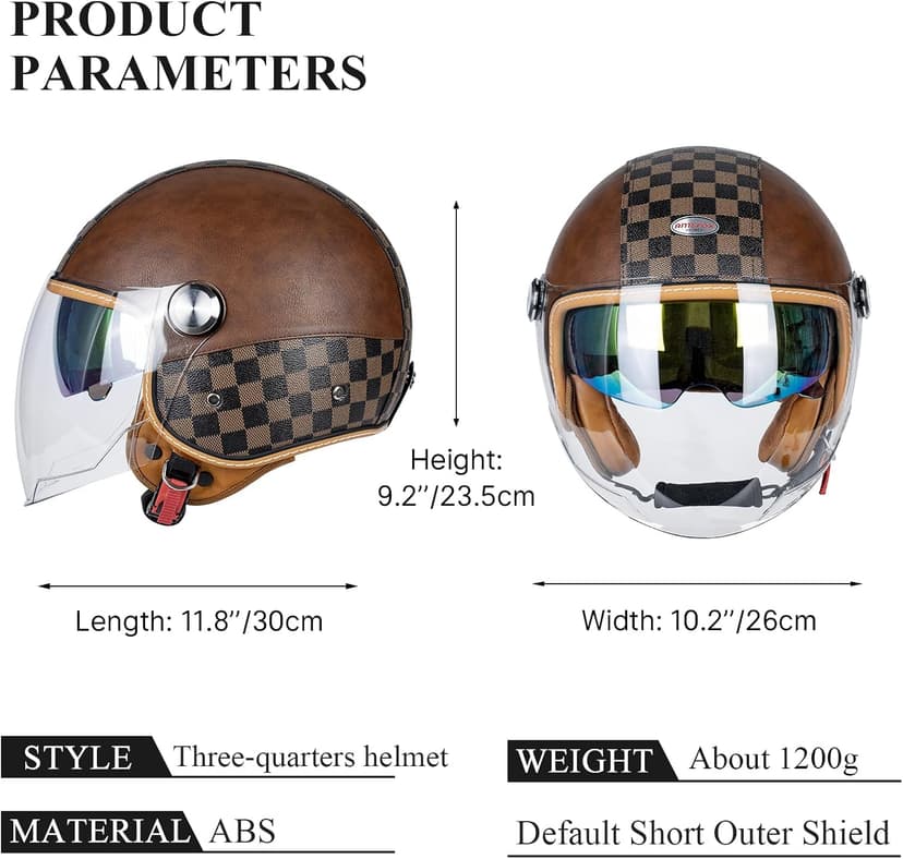 Dual Visor 3/4 Open Face Motorcycle Helmet for Men & Women, DOT Approved Unisex Retro Half Helmet，Motorbike Casco for Moped Cruiser Bobber and Chopper