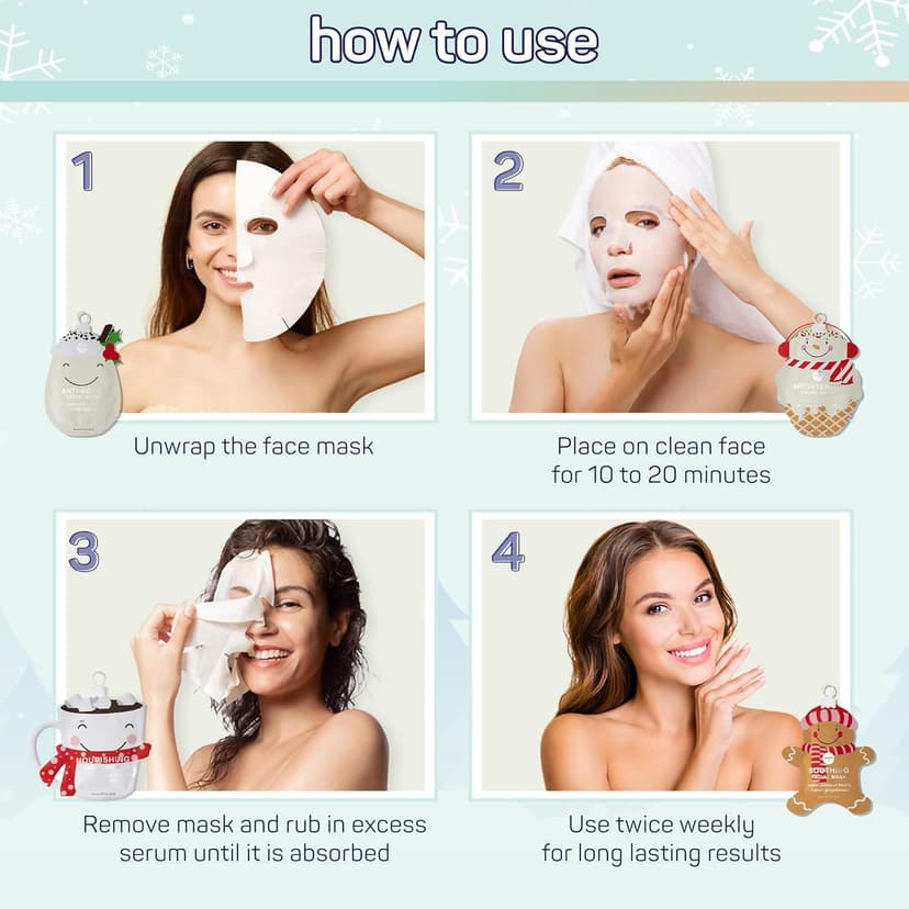 SpaLife Holiday Treats Facial Masks 12-Pack Assorted - Festive Christmas Skincare for Hydration and Refreshment - Gingerbread, Sundae, Cocoa & Eggnog
