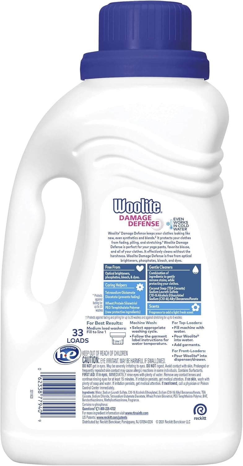 Woolite Damage Defense Laundry Detergent, 33 Loads, 50 Fl Oz, Regular & HE Washers, Packaging May Vary