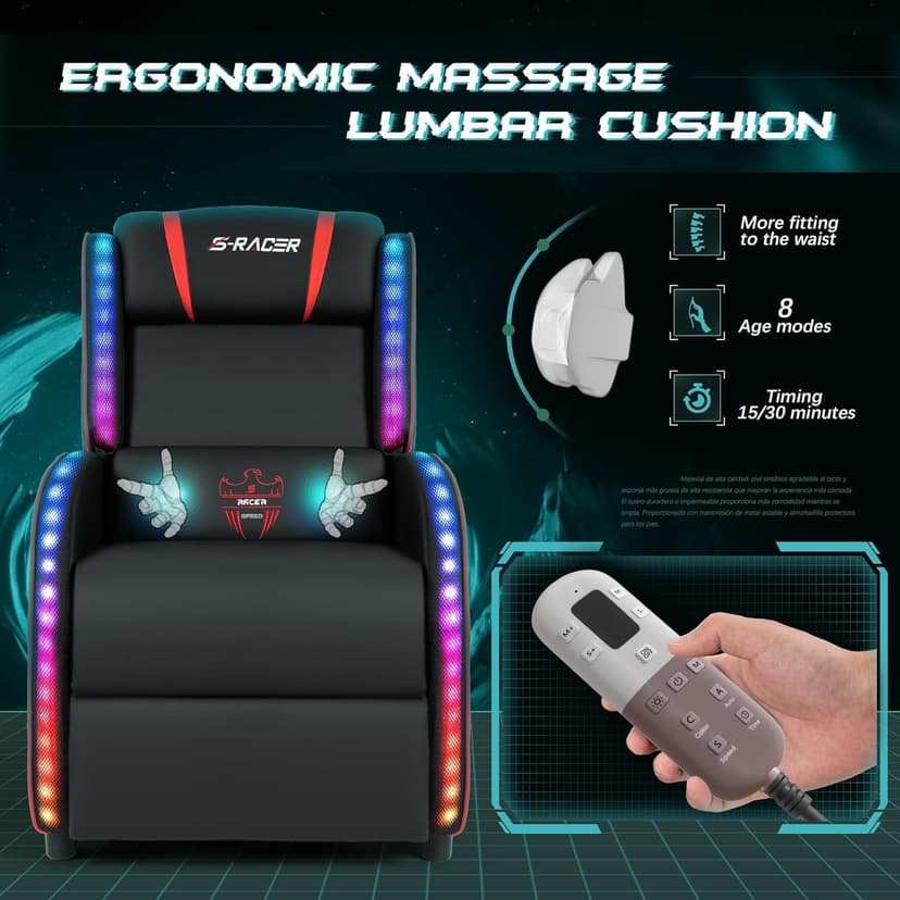 Homall LED Gaming Massage Recliner Chair Racing Style Single Living Room Sofa Comfortable Ergonomic Home Theater Seating(Red)