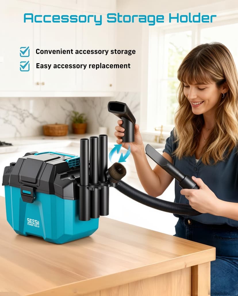 Seesii Cordless Shop Vac Wet and Dry, 2.6 Gallon Small Shop Vac with Accessory Storage Holder, 2 x 4.0Ah Batteries, 3-in-1 Wet Dry Vacuum with HEPA Filter, Strap, Ideal for Garage, Car, Workshop