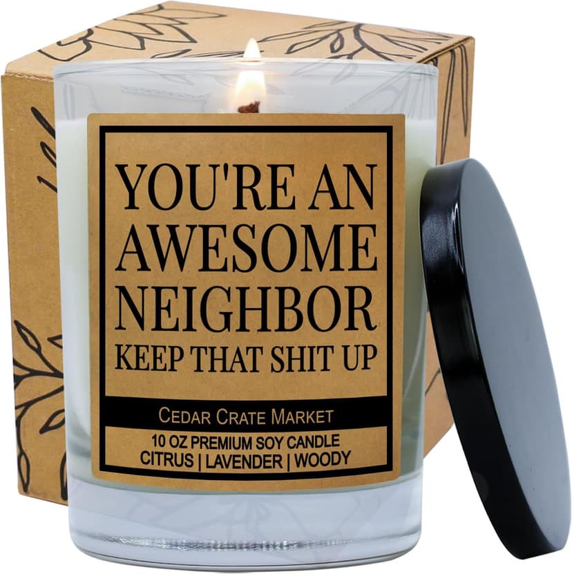 Cedar Crate Market Funny Neighbor Gift Candle - You're an Awesome Neighbor - House Warming Gifts New Home, Citrus Lavender Woody Scented Soy Candle – Housewarming, Friendship, or Thank You Gift