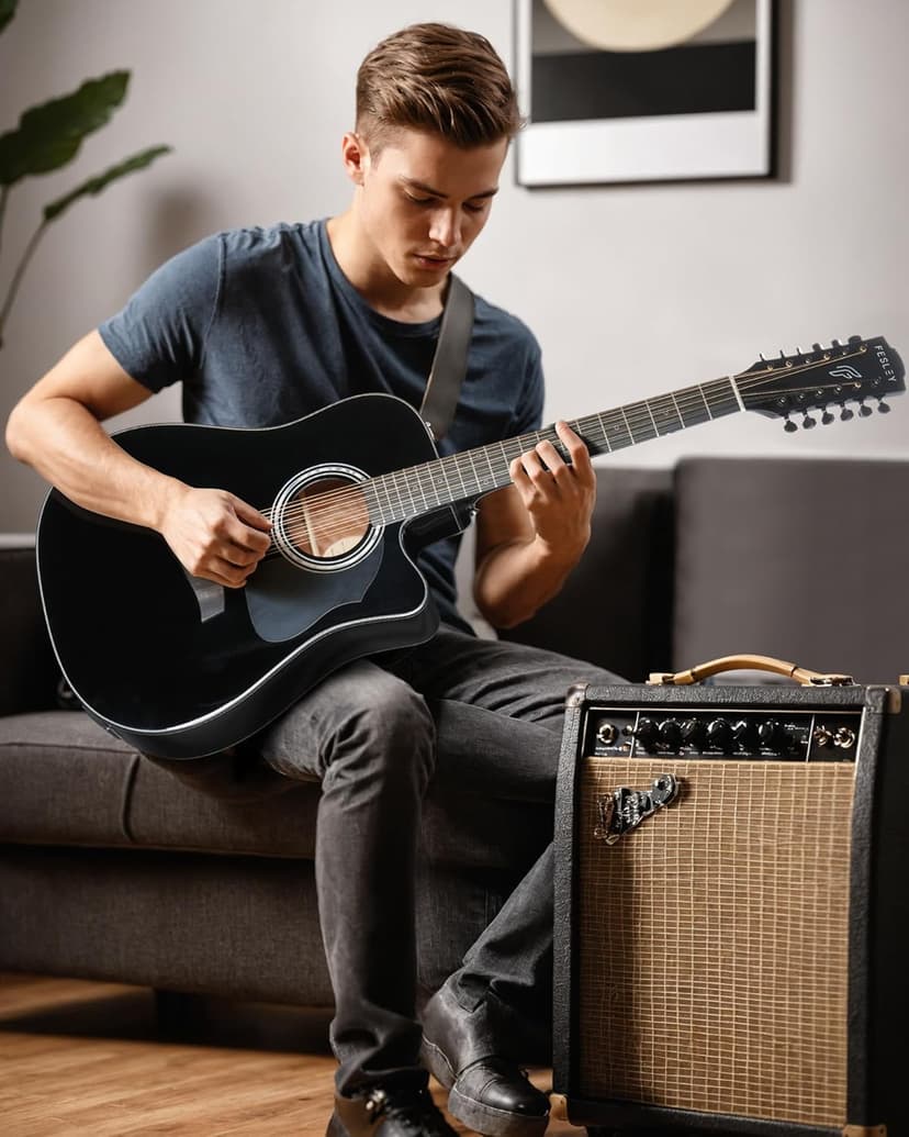 Fesley 12 String Guitar: 42" Full Size Acoustic Electric Guitars for Beginners Adults, Spruce Top Guitarra Acustica, Cutaway Guitar Bundle with Gig Bag, Picks, Strings, Strap, Gloss, Black