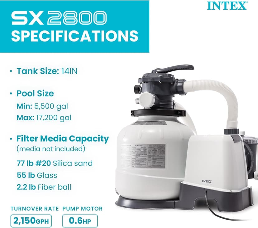 INTEX 2,800 GPH Krystal Clear Sand Filter Pump for Above Ground Pools, Swimming Pool Pump with Automatic Timer - Improved Circulation, Filtration, & Clarity