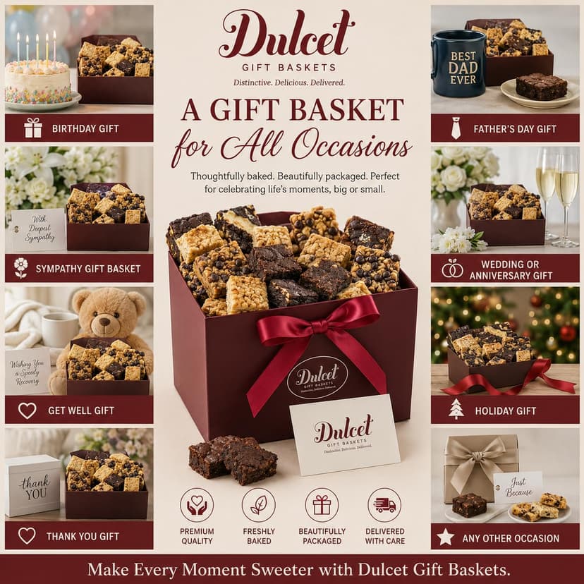 Dulcet Gift Basket - Beautiful Designed Box with Magnetic Closing Clasp - Gift Basket with Freshly Baked Gourmet Goods Each Individually Wrapped - Personalized Notes Included.