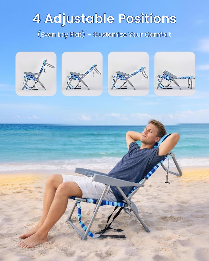 GVDV Backpack Beach Chairs for Adults 2 Pack, Portable Lay Flat Folding Chair with Cup Holder and Towel Bars, 4-Position Adjustable Reclining Chair for Beach, Camp, Outdoor, Blue Ocean