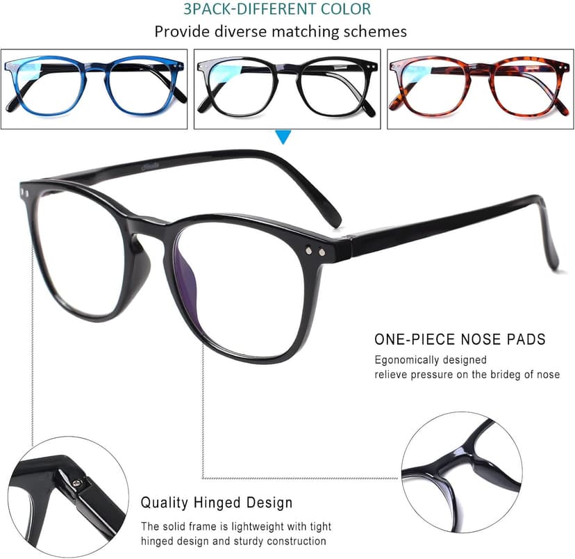 Henotin 3-Pack Blue Light Blocking Reading Glasses,Spring Hinge Computer Readers for Men Women,Anti UV Ray Filter Eyeglasses (3 Mixed Color, 2.75)