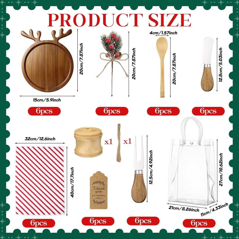 6 Set Christmas Kitchen Gifts Wood Cheese Board Fork Spoon Butter Spreaders Dish Cloth Thank You Card Ribbon and Gift Bags for Merry Christmas Cooking Serving Xmas Utensils Gifts (Reindeer)