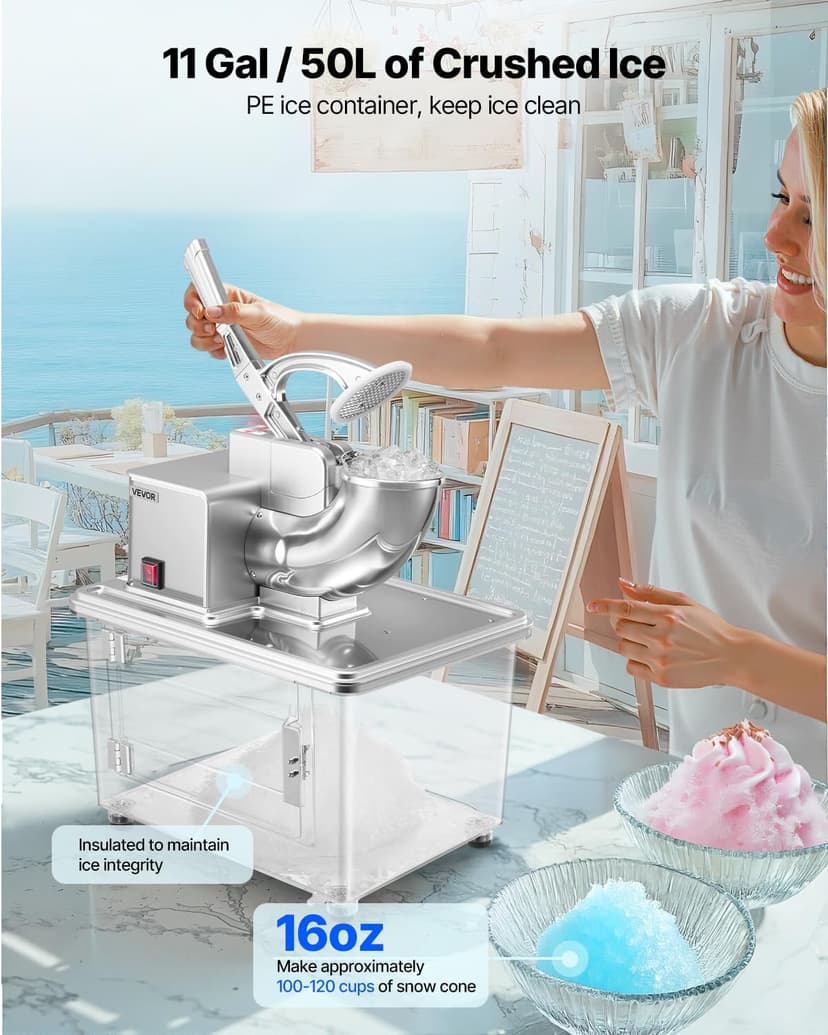 VEVOR Commercial Ice Crusher 661LBS/H, 350W Electric Snow Cone Machine with 4 Blades, 2000RPM Stainless Steel Shaved Ice Machine with 11 Gal Crushed-Ice Box, for Family Restaurants Bars, Silver