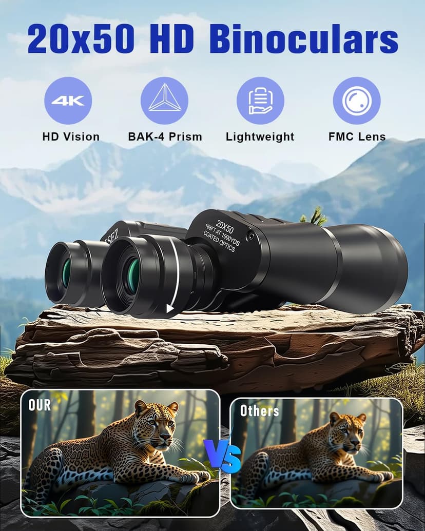20x50 High Powered Binoculars for Adults, Clear Durable Binoculars for Bird Watching Sightseeing Wildlife Watching Travel Hunting Football Games Stargazing with Carrying Case & Strap