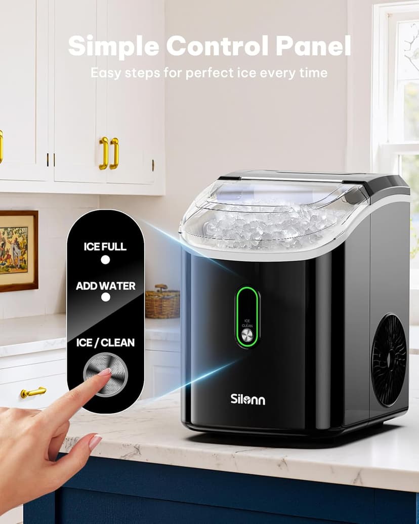 Silonn Nugget Ice Maker Countertop, Pellet Ice Machine with Self-Cleaning Function, Sonic Ice Maker Produces 36lbs of Chewable Ice in 24 Hours, Ideal for Home Kitchen and Office (Black)