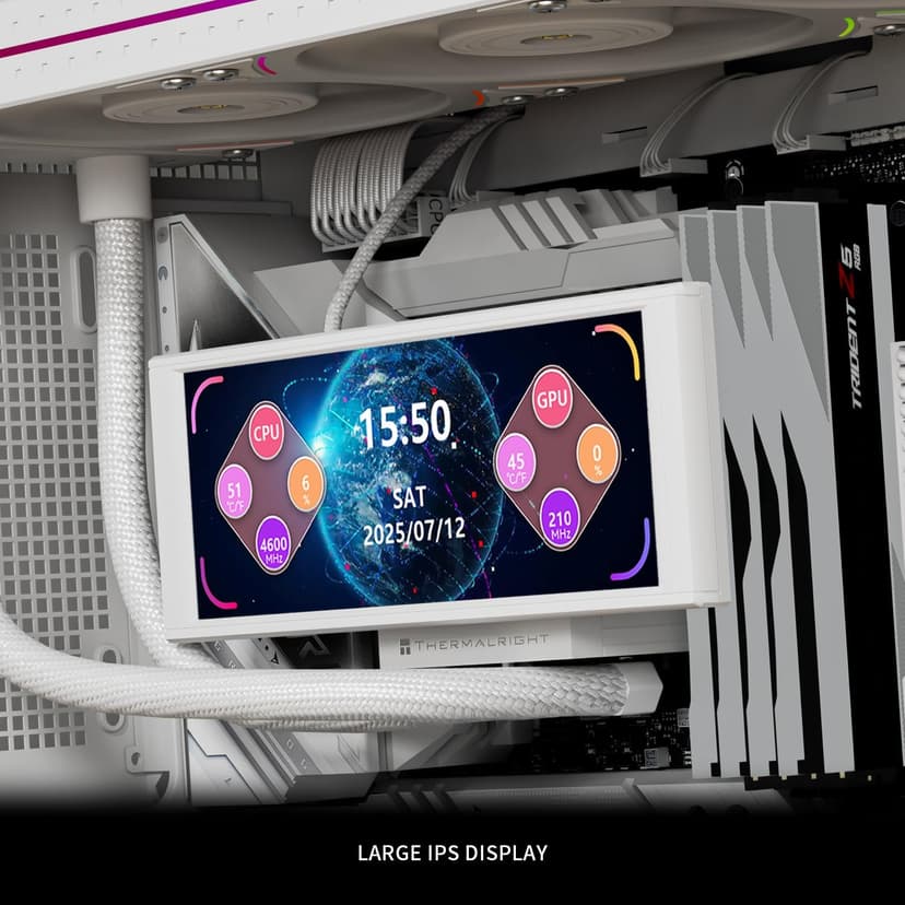 Thermalright Trofeo Vision LCD White Edition Case Sub-Display Features a 6.86-inch Full-Color LCD Screen (1280x480 Resolution) with Magnetic Panel Design. Supports DIY Dynamic/Static Images (White).