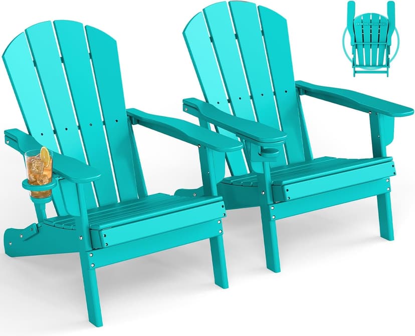 GREENVINES Folding-Adirondack-Chairs-Set-of-2 | w/Cup Holder | HDPE Plastic | All-Weather Patio Fire Pit Chairs | for Outdoor Poolside Deck | Aqua