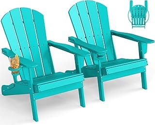 GREENVINES Folding-Adirondack-Chairs-Set-of-2 | w/Cup Holder | HDPE Plastic | All-Weather Patio Fire Pit Chairs | for Outdoor Poolside Deck | Aqua