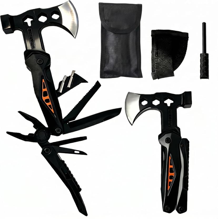 18-in-1 Multitool Hatchet Camping Axe with Hammer & Knife with Protective Sheath, Survival Gear for Men Dad, Emergency Car Tool & Hiking Accessories, Cool Gadgets for Outdoor Hiking Emergency