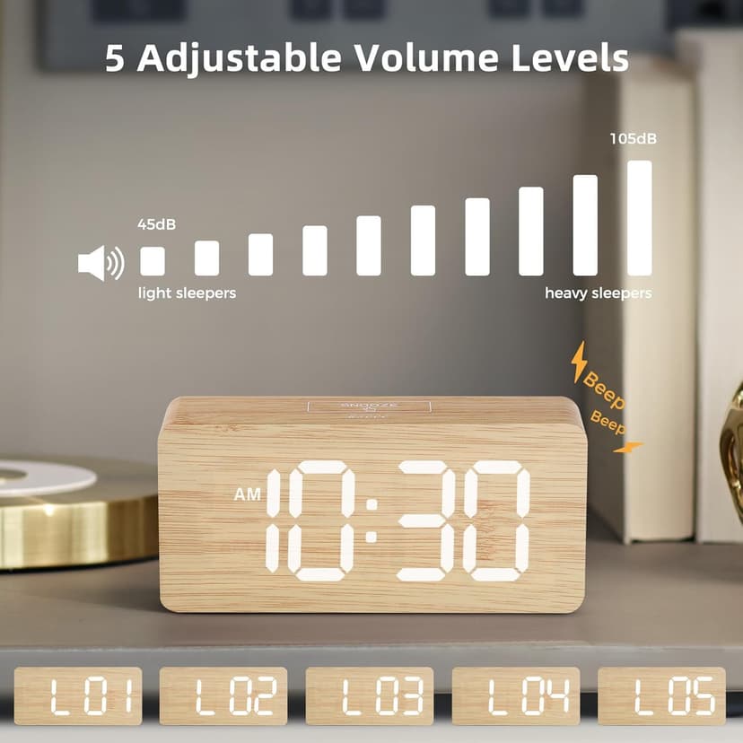 uscce Wooden Digital Alarm Clocks for Bedrooms: Dimmable Dual Alarm Clock with Large Numbers for Bedside Desk - Loud Alarm for Heavy Sleepers with Volume Control - Wood Decor & Gifts
