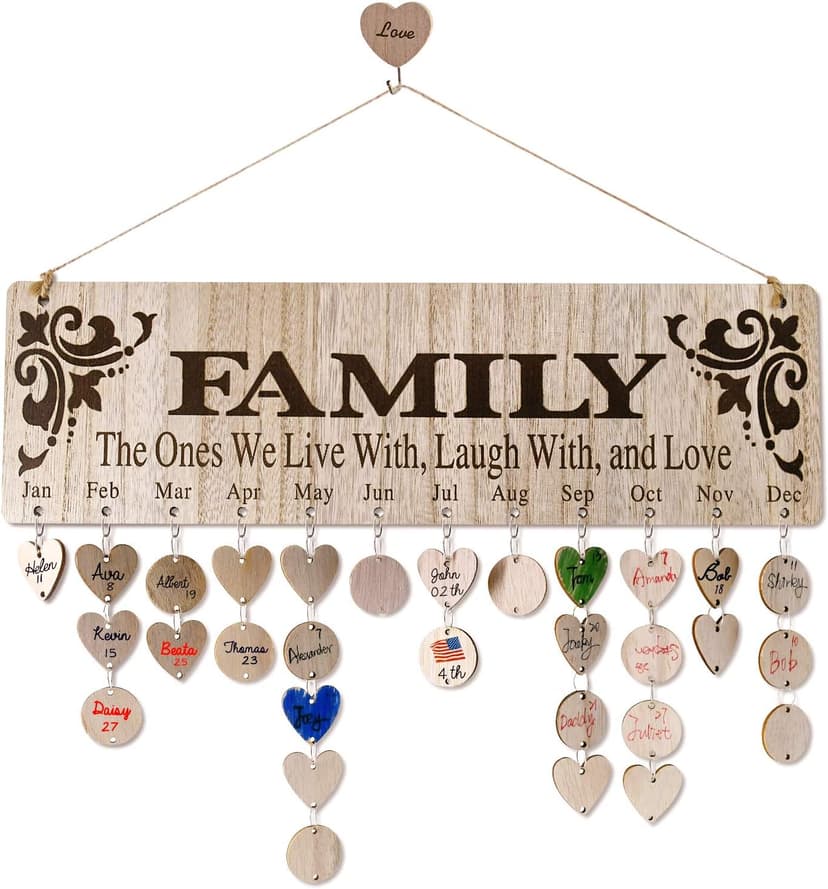 Gifts for Mom Grandma from Daughter, Unique Wooden Family Birthday Reminder Tracker Calendar Board Wall Hanging with 100 Tags, Best Gift Ideas for Christmas Birthday Mother's Day