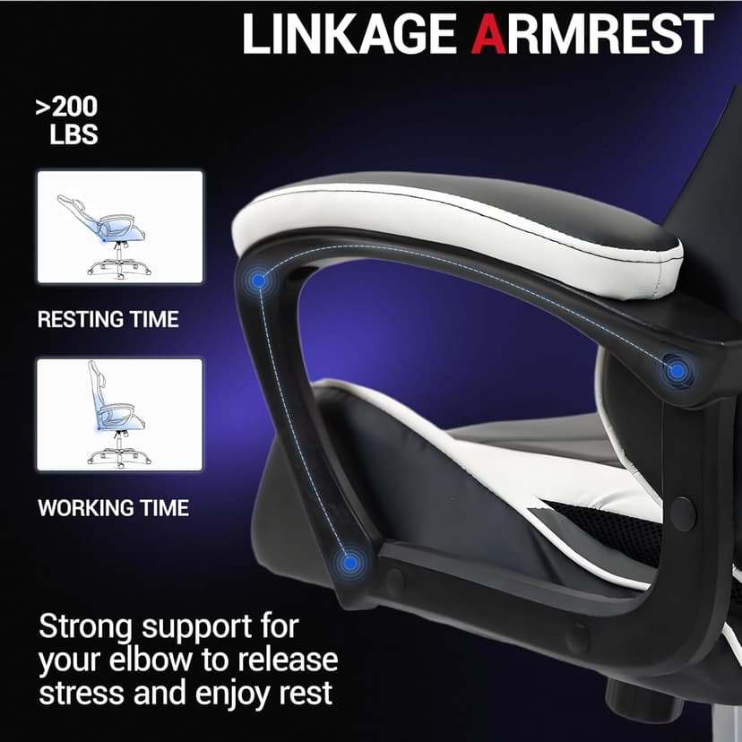 Gaming Chair PU Leather Massage PC Video Game Chair with Lumbar Support for Men Women, Home Office, Height Adjustable, Ergonomic, High Back, White