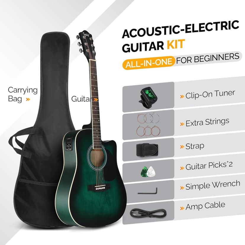 GLARRY Full Size 6 Strings Acoustic Electric Guitar Beginner Kit, Cutaway 41 Inch Electric Acoustic Guitar w/Inbuilt Tuner, Bag, Strap, Picks, Strings, Basswood Guitarra, Matte Distressed Green