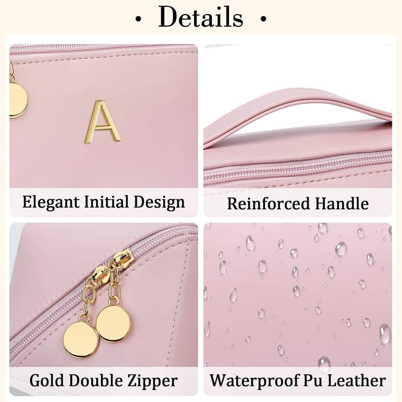 Waterproof PU Leather, Open Flat Design Cosmetic Bag, Multiple Compartments Travel Toiletry Bag (Pink, A) Initial Makeup Bag Personalized Gift for Women Teen Girls B0F26C313Y