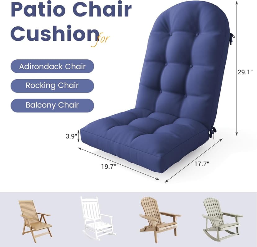UDPATIO Adirondack Chair Cushion with Ties - Fade-Resistant Waterproof Outdoor Recliner High Back Seat Pads for Rocking Chairs, Patio, Deck, Porch, Lawn (Upper & Lower Back Support),Light Blue,1 PC