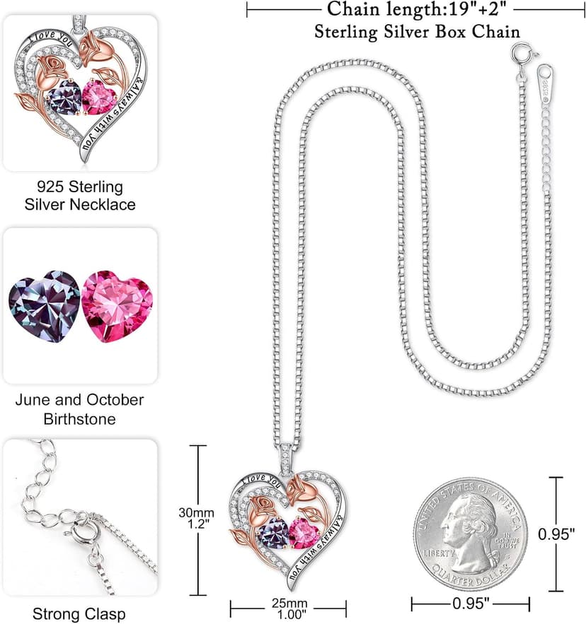 925 Sterling Silver, Gift Box Packaging, Anniversary Birthday Gifts for Wife Mom Daughter Iefil Birthstone Necklace for Women - Rose Heart Necklace B0CJV8W2XC