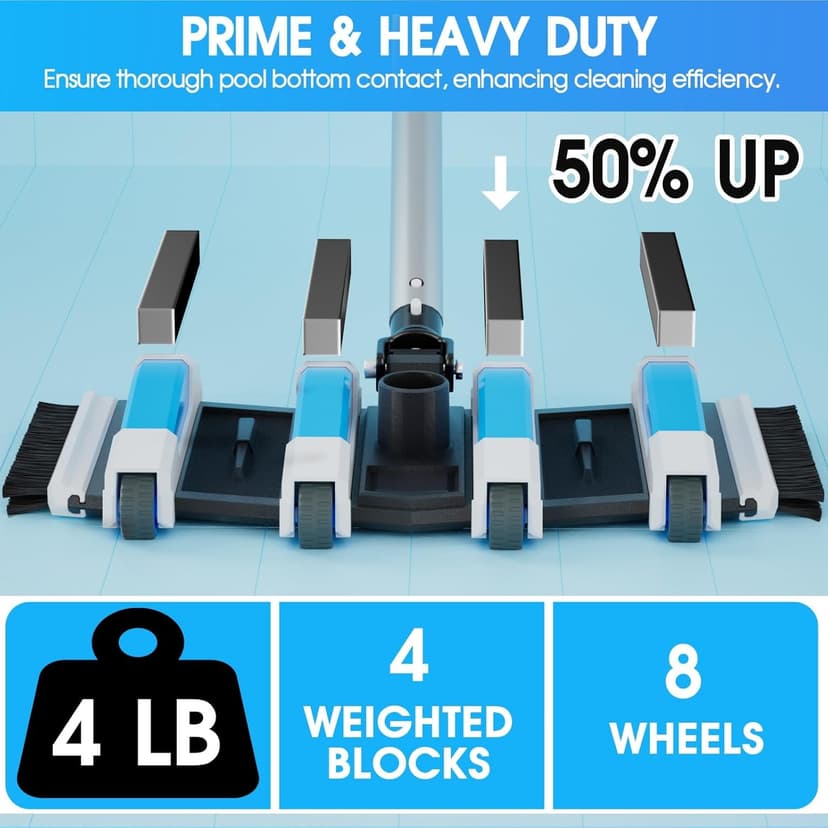 Enhanced Pool Vacuum Head with Direction-Control Handle - Extra-Wide 4LB Professional Weighted Vac Heads Brush & Wheels for Vinyl Liner-Deep Cleaning for Inground & Above Ground Swimming Pool - Blue