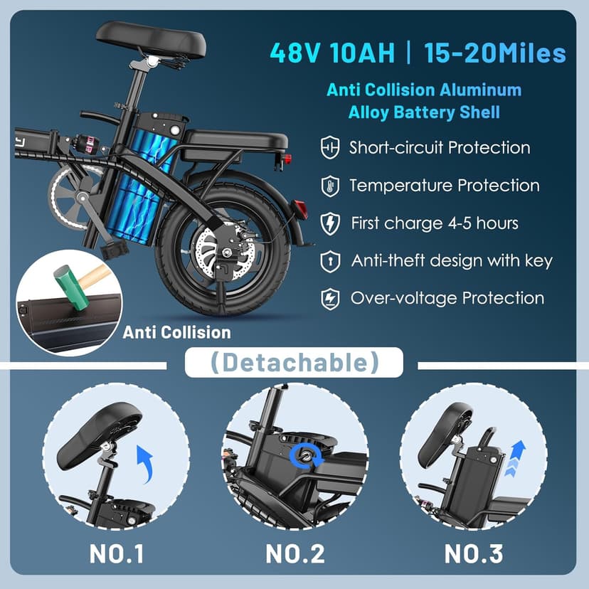 Foldable Electric Bike for Adults and Teens, 700W Peak Motor Ebike with 30-60 Miles PAS Range, 14" Folding Mini E Bike for Commute, Electric Bicycle with 48V Removable Battery
