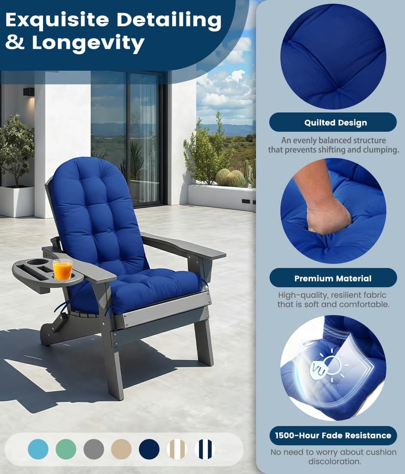FOOWIN Adirondack Chair Cushion Set of 4, Thickened Rocking Chair Cushion,48.5×20.8×5.7 Inches,High Back Patio Cushions with Ties, Waterproof & UV-Protected, for Indoor and Outdoor, Navy Blue