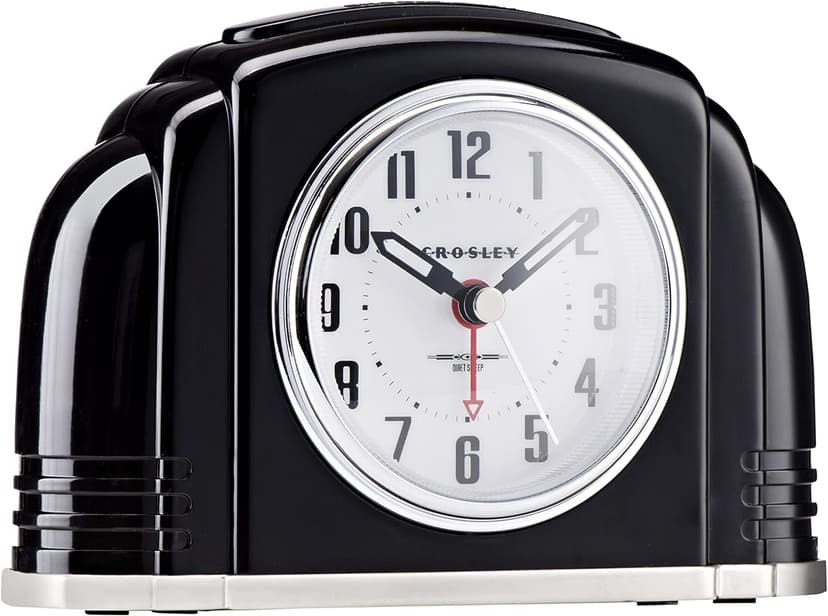 Crosley Vintage Art Deco Analog Alarm Clock, Quiet Ticking, Automatic Dimmable Smart Light, Simple Controls, (Black)