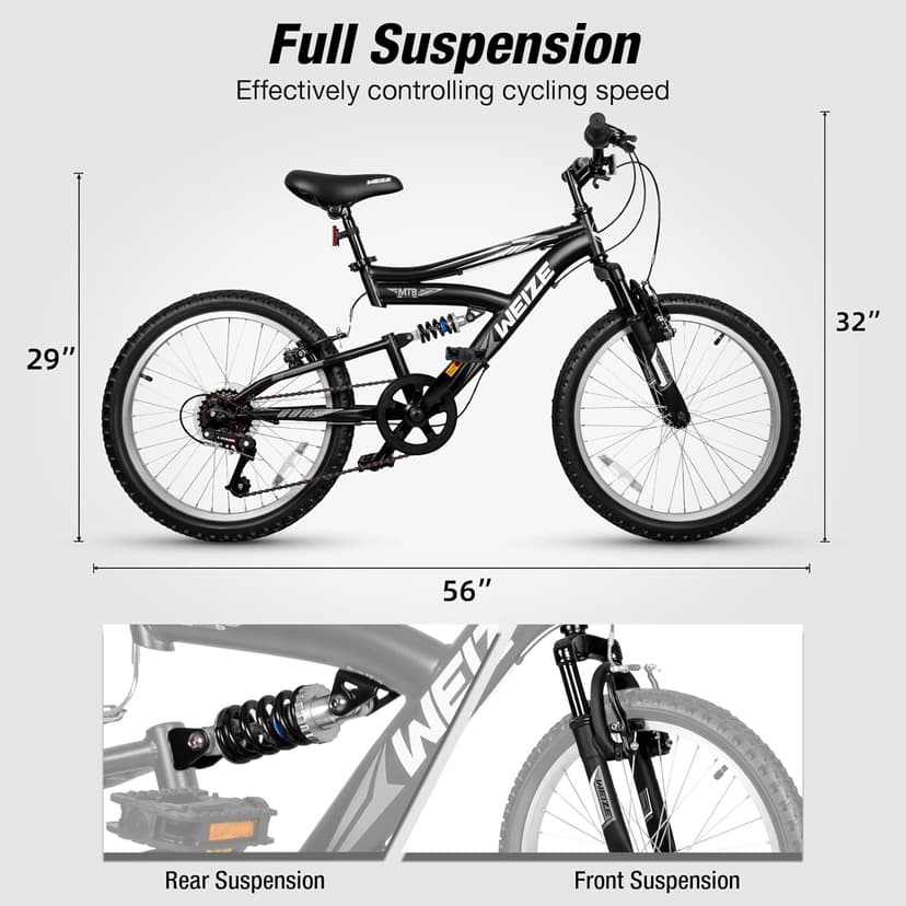 WEIZE Kids Mountain Bike, 20 24 inch Kids' Bicycles for 6-14 Years Old Boys Girls with Dual Full Suspension, 6 Speeds Drivetrain, High-Carbon Steel Frame, Ideal for Young Riders and Adventurers