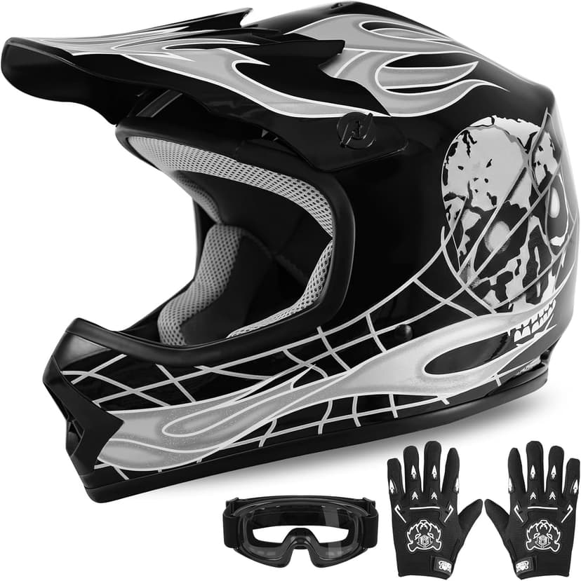 XFMT Kids Dirt Bike Helmet Youth Motorcycle Helmet DOT-Certified Full Face Helmets for Motocross ATV Off-Road Street Bike with Goggles & Gloves, Pink Butterfly X-Large