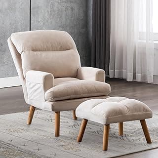 INZOY Accent Chairs with Ottoman Set, Modern Velvet Armchair with Adjustable Backrest, Comfy Lounge Chair for Living Room Bedroom, Beige