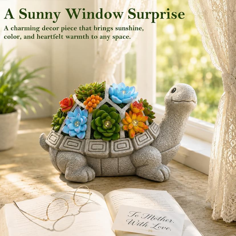 Nacome Solar Garden Outdoor Statues Turtle with Succulent and 7 LED Lights - Lawn Decor Tortoise Statue for Patio, Balcony, Yard Ornament - Unique Housewarming Gifts