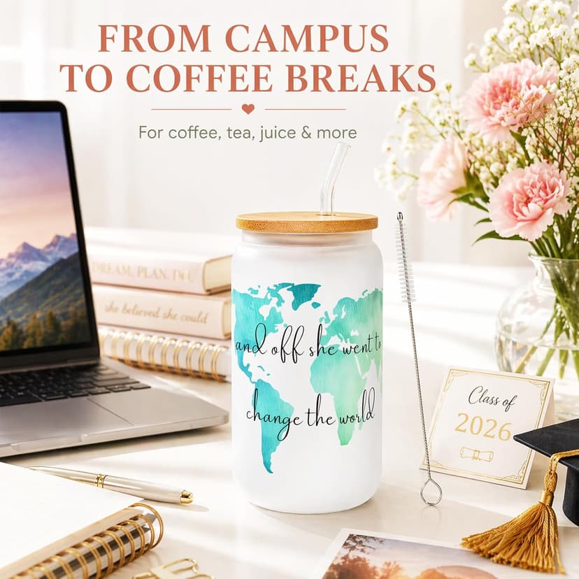 Frerdui Graduation Gift for Her – And Off She Went to Change the World 16oz Glass Cup, Cute Grad Gift for College High School Graduate, Grad Gift for Daughter Niece Granddaughter Friend B0GTY7QRB9