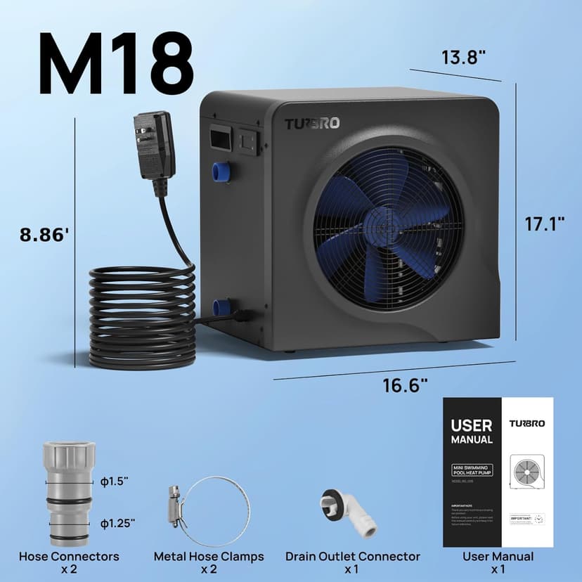 TURBRO 18,000 BTU Swimming Pool Heat Pump, Electric Pool Heater for Above-Ground Pools and Spas up to 6,000 Gallons, Titanium Heat Exchanger, 5.5 COP, IPX4-Waterproof, 110-120V, Manatee M18