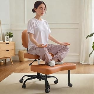 Shahoo Ergonomic Cross Legged Office Chair with Wheels - Adjustable Height Kneeling Meditation Chairs for ADHD, Yoga & Desk Work - Wide Criss Cross Seat with Lumbar Support, (Faux PU,Brown)