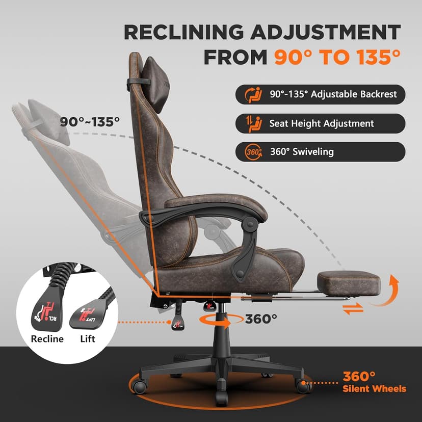 Ferghana Vintage PU Leather Gaming Chair, Ergonomic Gamer Chair with Massage, High Back Computer Office Chair with Footrest for Adults, Racing Style Reclining Video Game Chair (Brown)