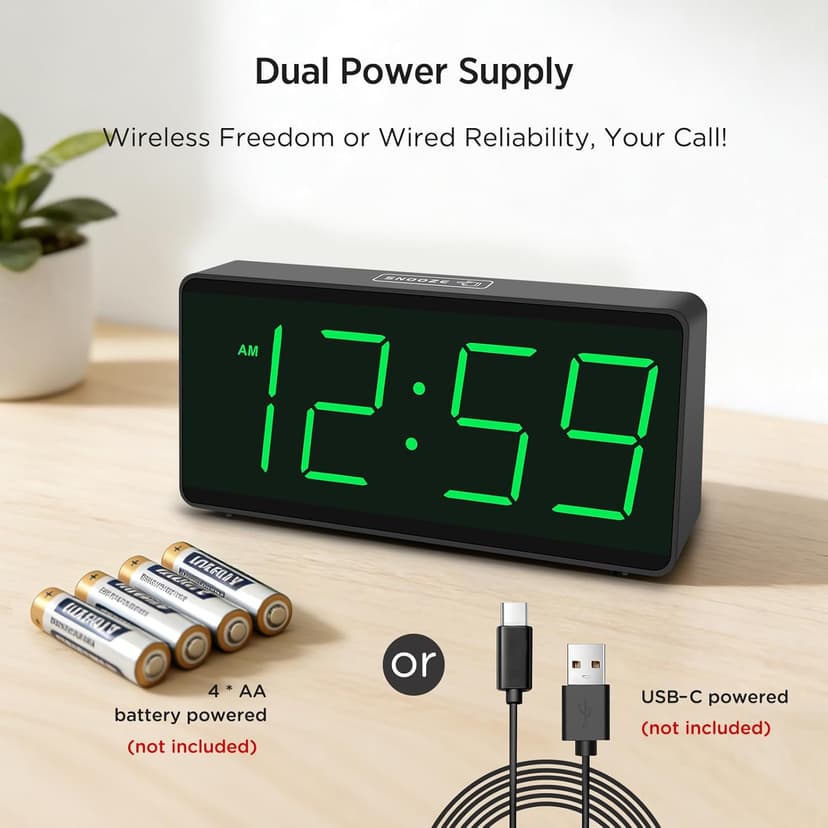Peakeep Battery Operated Digital Alarm Clock for Bedrooms - Cordless Large Big Numbers 4 Dimmers, Auto Dimming for Seniors, Adjustable Volume Loud Alarm Clock for Heavy Sleepers Adults (Green Digits)