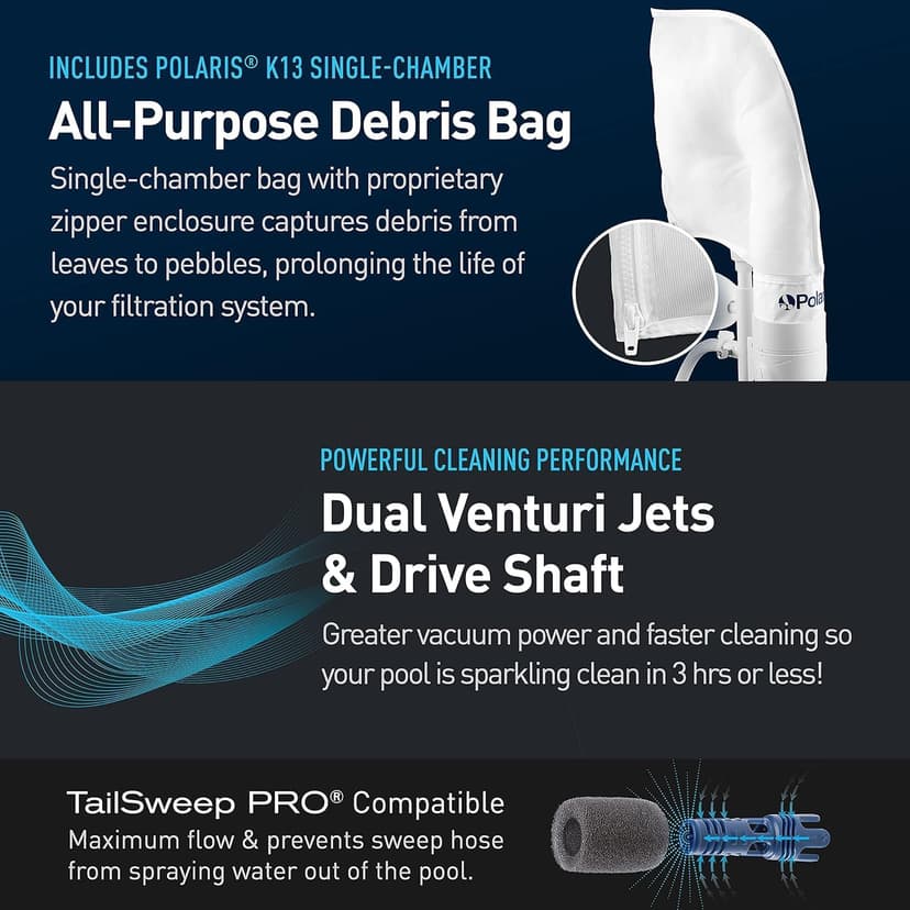 Polaris Vac-Sweep 280 Pressure-Side In-ground Pool Cleaner, Double Venturi Jet Powered, 31ft of Hose with an All Purpose Debris Bag