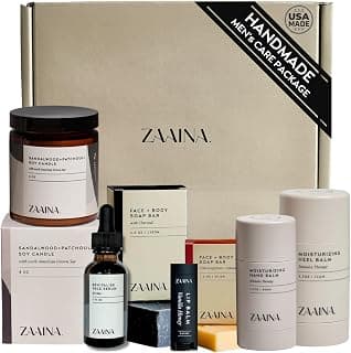 Natural self-care gift box with handcrafted grooming essentials to help him relax, recharge, and look his best. ZAAINA Men's Self Care Gift Box | Relaxation Grooming Gift Set B0CS2T3955