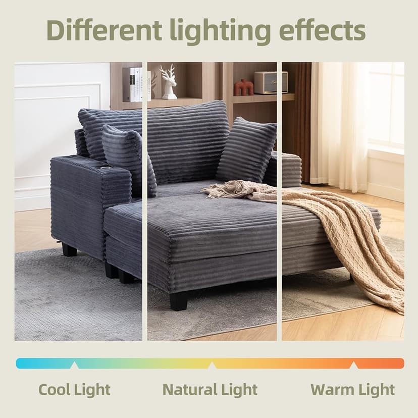 60'' Oversized Chaise Lounge Chair Indoor, Corduroy Upholstered Lounge Sofa with Wood Frame, Comfy Lounge Chaise with Pillows and Cup Holder, Deep Seat Lounge Chair for Living Room Bedroom
