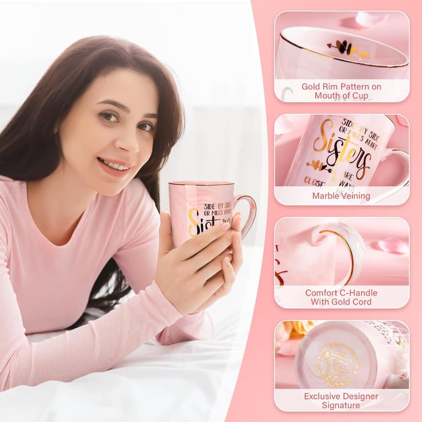 14oz Pink Marble Coffee Mug with Gold Print, Lid, Spoon, Greeting Card and Elegant Gift Box, Present for Big Sister Sister Birthday Gifts for Sister from Brother Sisters, 14oz Sisters Mug B0855VHN6G
