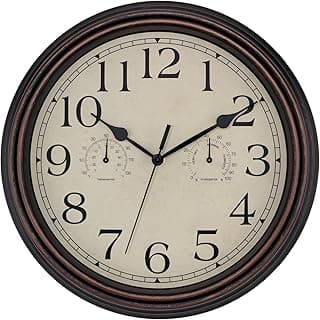 Foxtop Indoor Outdoor Waterproof Wall Clock with Thermometer and Hygrometer Combo, 14 Inch Retro Silent Non-Ticking Battery Operated Quartz Round Outdoor Clocks for Patio Home Office (Bronze)