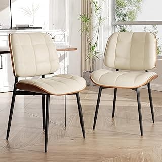Dining Chairs Set of 2, Mid Century Modern Dining Room Chair with Thick Cushion, Upholstered Faux Leather Kitchen Chairs with Walnut Bentwood Back for Kitchen Dining Room, Beige