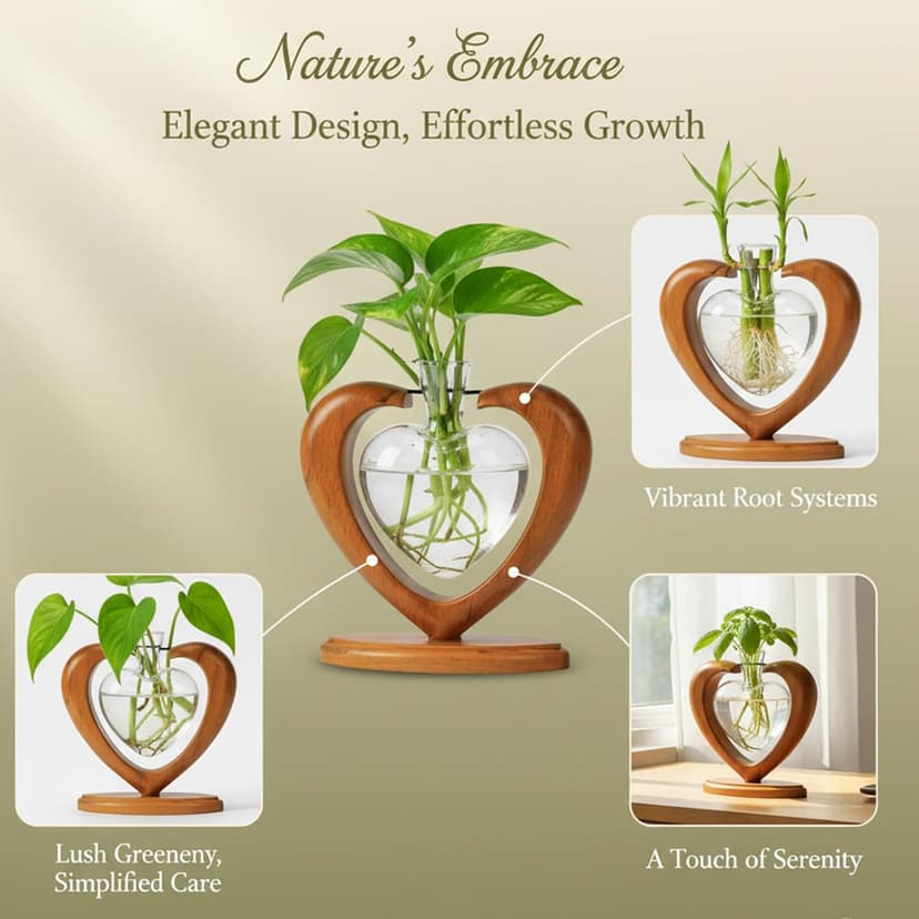 Rooting Vase for Cuttings, Plant Terrarium, Air Plant Holder, Plant Lovers Mom Wife Gift Home Office Christmas Tabletop Decor Plant Propagation Station, Heart Glass Vase, Solid Wooden Stand B0GL1XT2S7